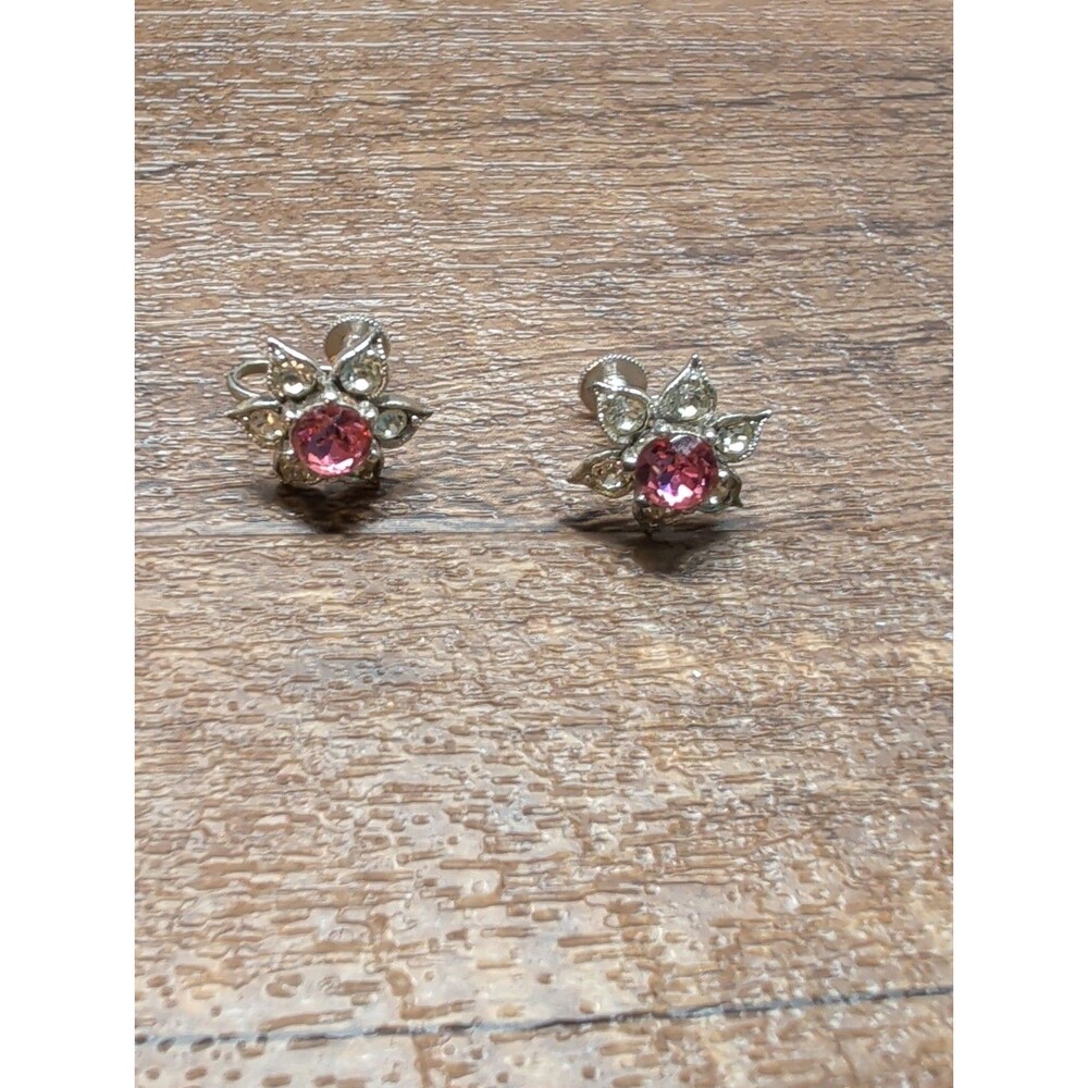 Vintage Bogoff Pink and White Crystal Screw On Earrings